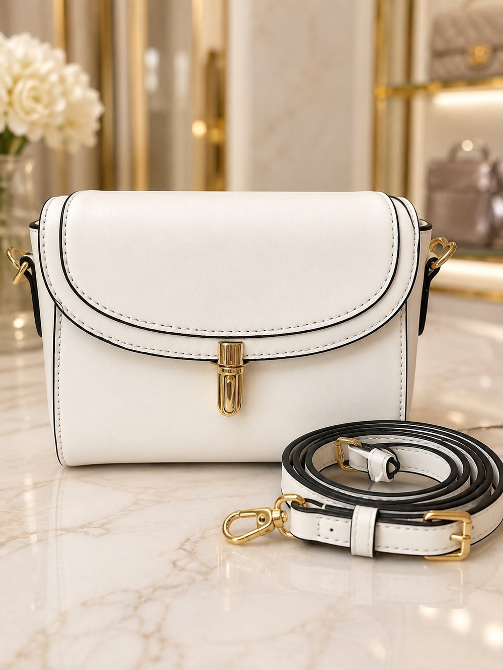 White Crossbody Bag with Gold Hardware - Elegant Everyday Shoulder Bag